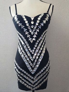 Black Embellished V-Neck Mini Dress with Crystal Accents